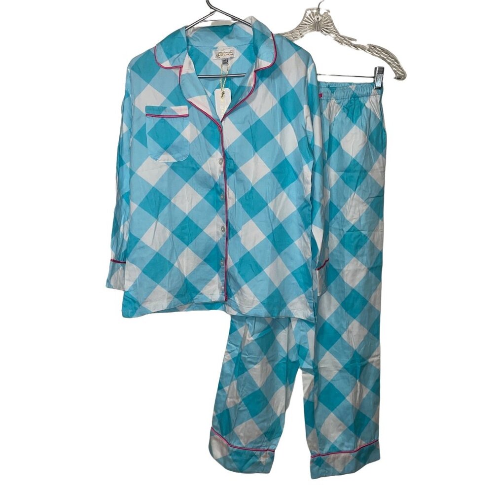 Jaye's Studio Womens Button-Down Pajama Set XXS Turquoise & White Plaid Cotton